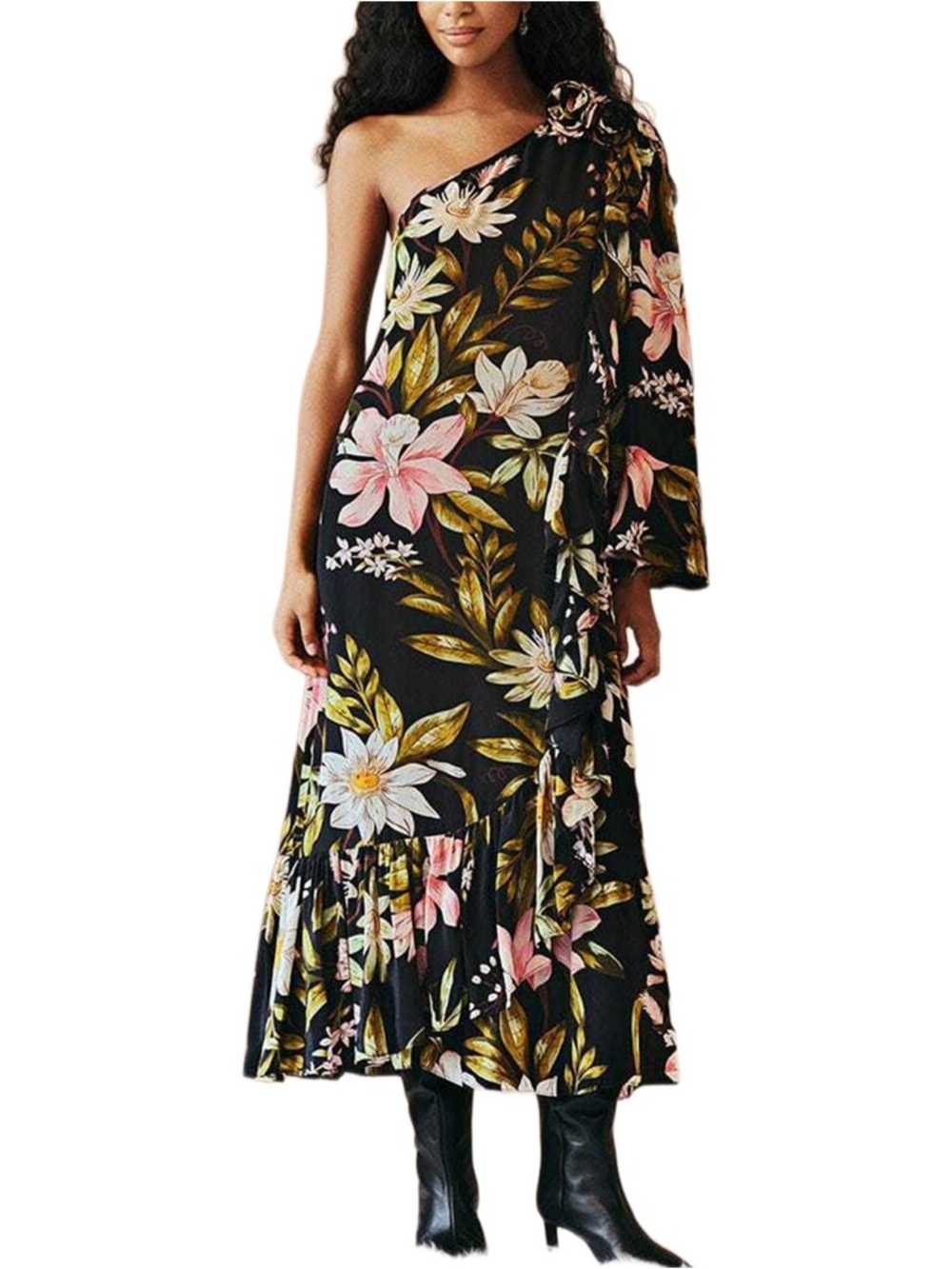 FARM Rio Black One-Shoulder Floral Maxi Dress with Pink and Green Accents